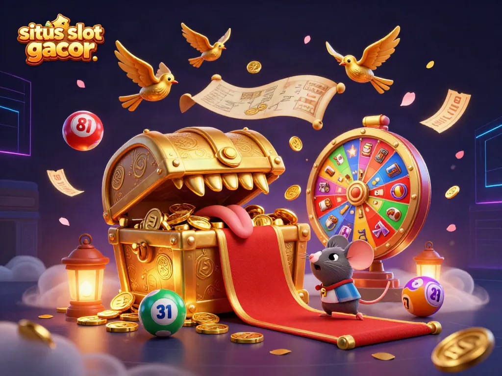 Menggoda pemain dengan situs slot gacor, peti harta karun 3D dan bola lotere yang berwarna-warni.