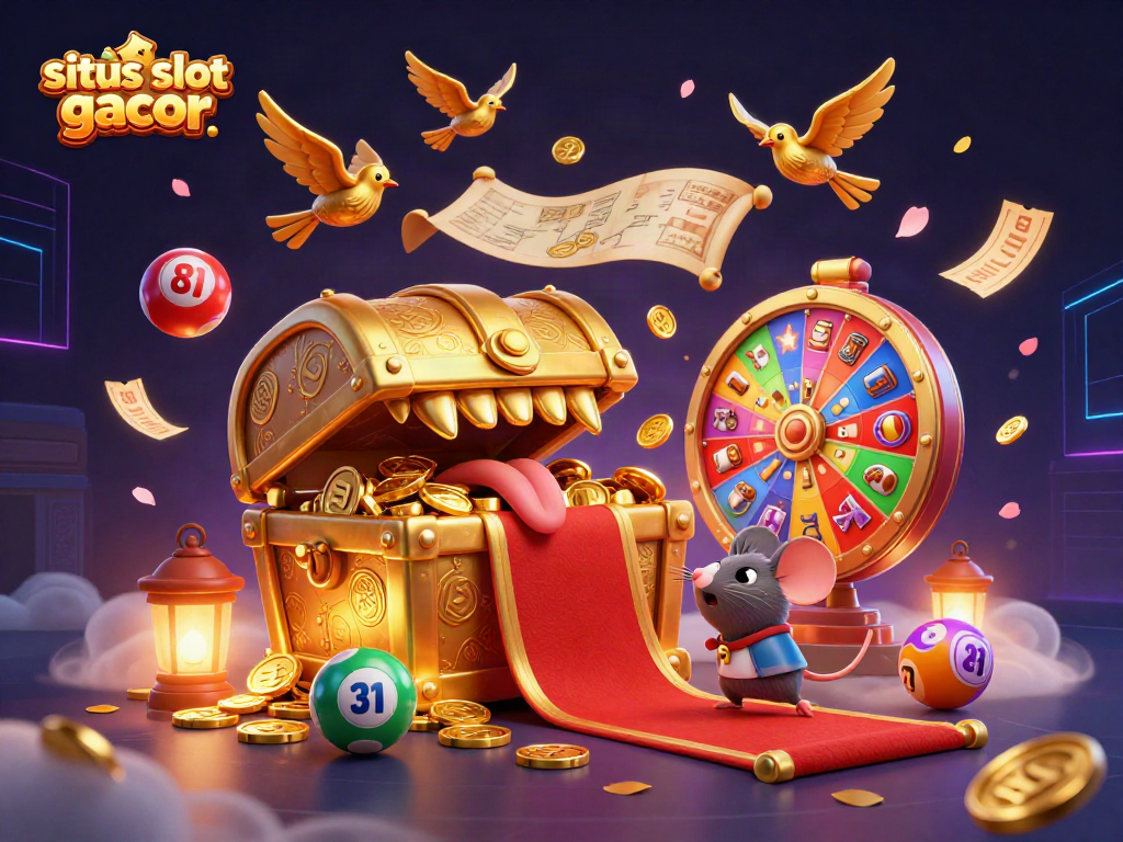 Menggoda pemain dengan situs slot gacor, peti harta karun 3D dan bola lotere yang berwarna-warni.