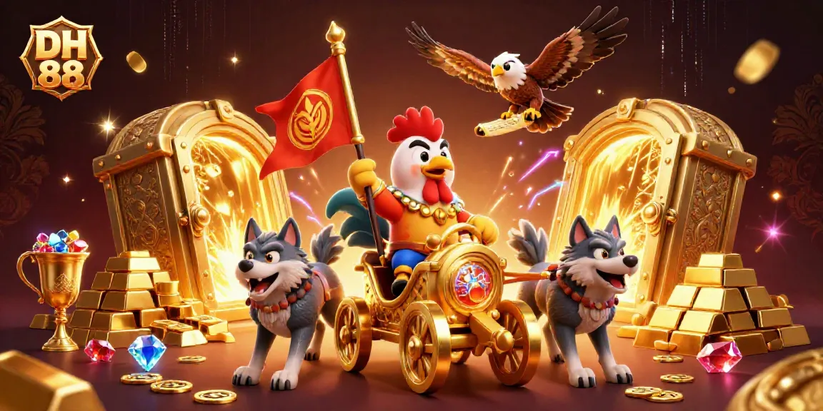 Engage with DH 88's vibrant gaming world featuring a rooster warlord and dynamic treasure scene.