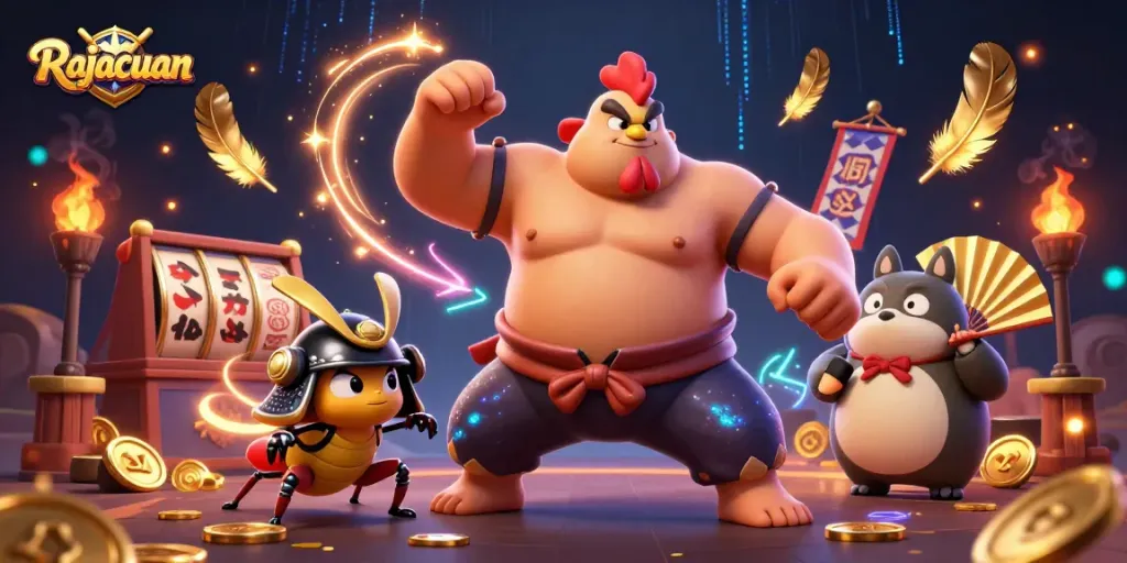 Rajacuan brings excitement with a powerful sumo wrestler rooster and fierce samurai cricket in a vibrant casino setting.