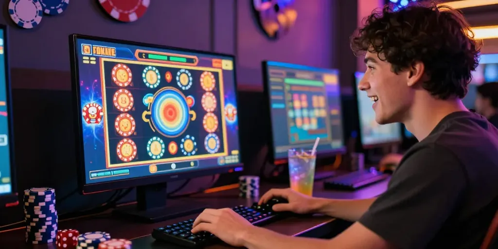 Player engaging with slot jackpot graphics in a vibrant online gaming setup.