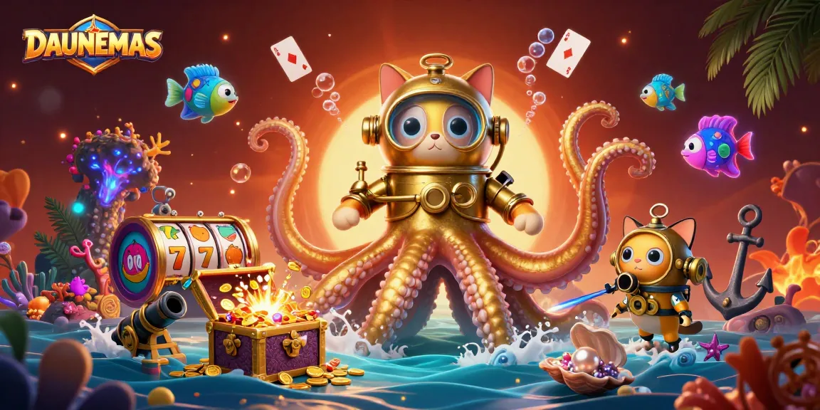 Experience DAUNEMAS excitement with a colossal kraken and diving cat in a vibrant casino scene.