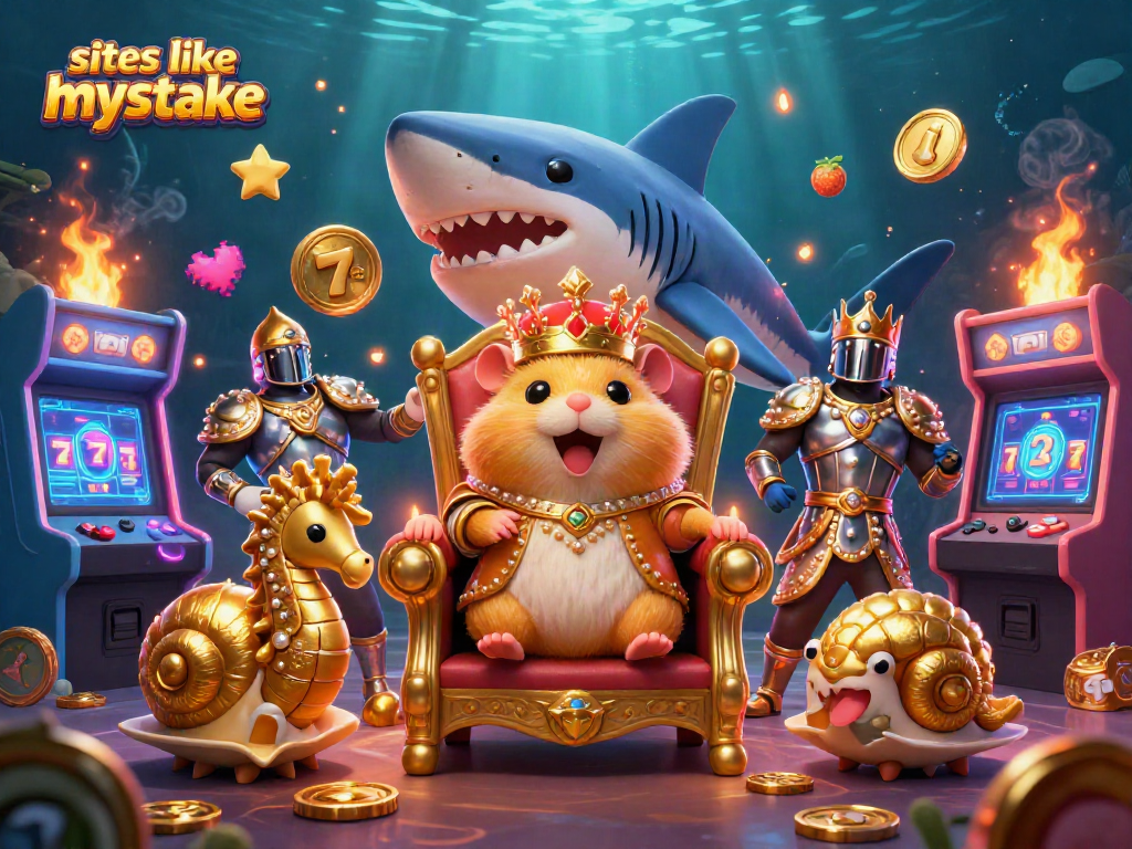 Experience thrilling games like MyStake with this vibrant 3D casino illustration of a hamster king ruling over colorful slot machines.