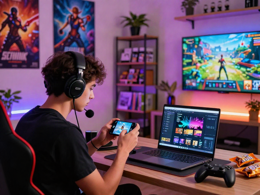 Immersed in the sh7 app, a gamer enjoys a vibrant mobile gaming setup with colorful posters and snacks.