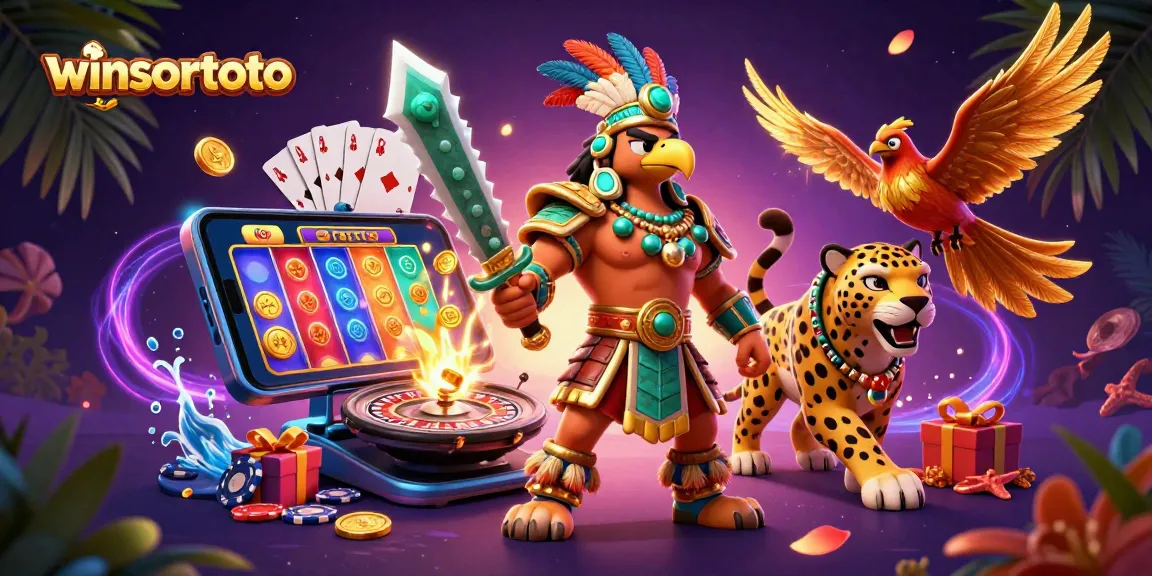 Experience winsortoto with Aztec warriors and vibrant casino elements in a rich 3D illustration.