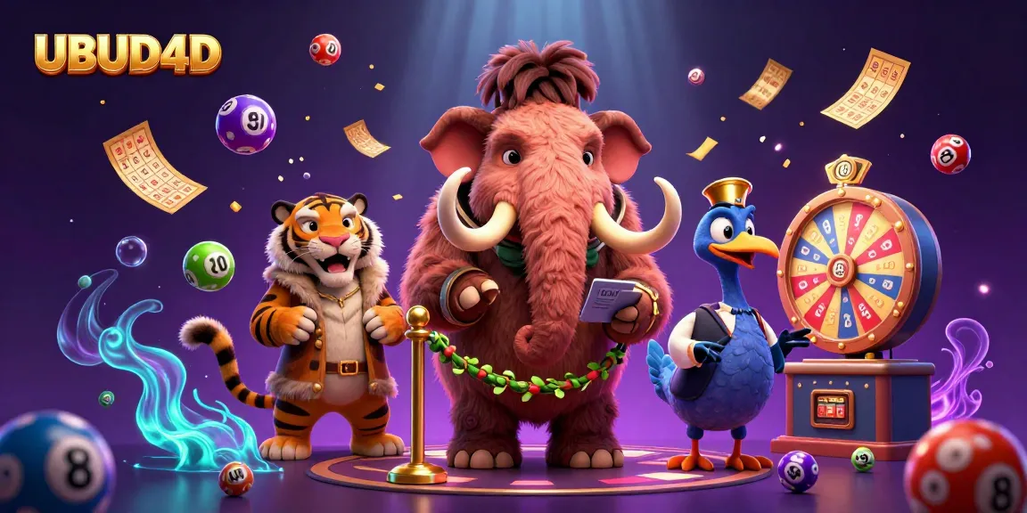 Experience UBUD4D with a vibrant casino scene featuring exciting VIP characters, lottery elements, and festive effects.