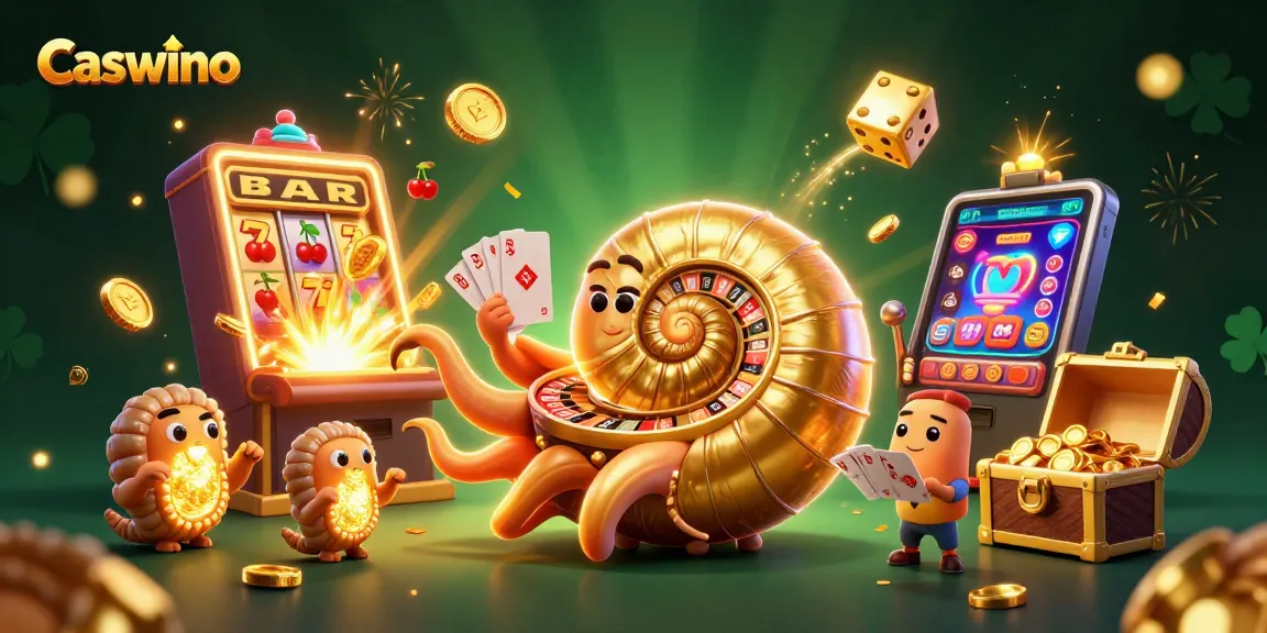 Experience the vibrant world of Caswino, featuring a giant nautilus as a roulette wheel surrounded by dynamic casino elements.