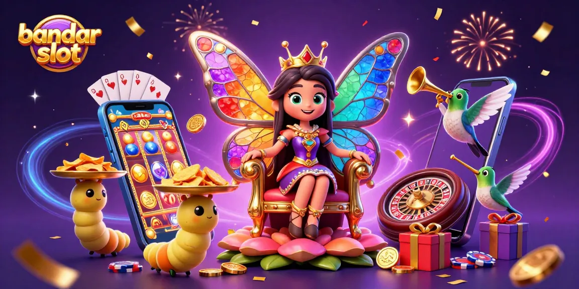 Permainan bandar slot yang mengasyikkan dengan ilustrasi ratu kupu-kupu dan elemen kasino yang meriah.