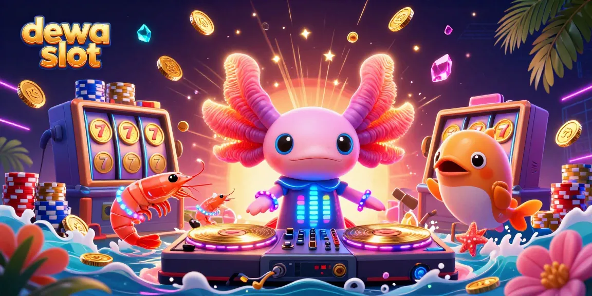 Menggandakan kesenangan judi di dewa slot dengan DJ axolotl neon dan gemerlap koin emas.
