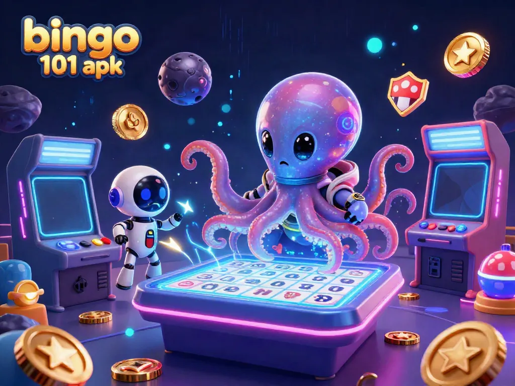 Engage with the bingo 101 apk in a vibrant 3D scene featuring an alien octopus and robotic companion amidst colorful gaming elements.