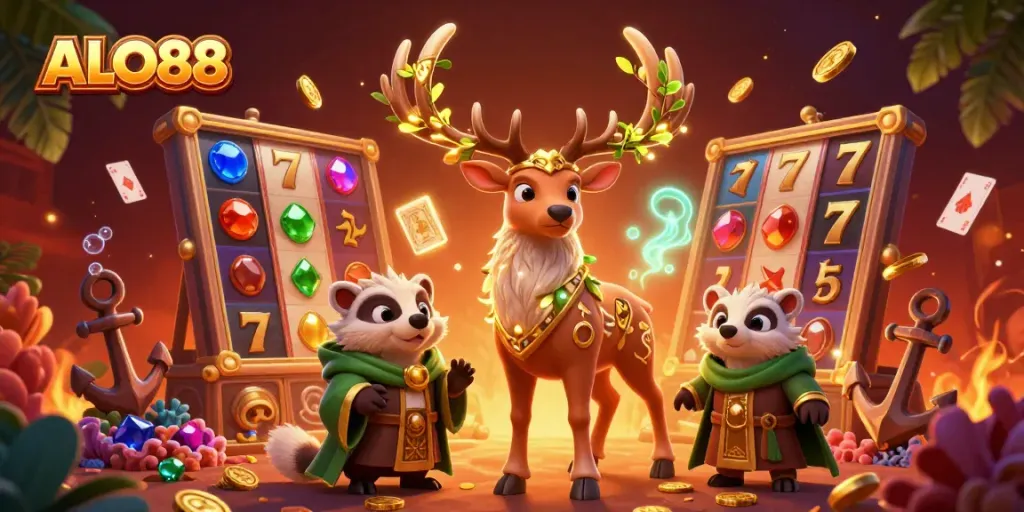 Experience thrilling gameplay with ALO88 and vibrant casino elements in a magical scene.