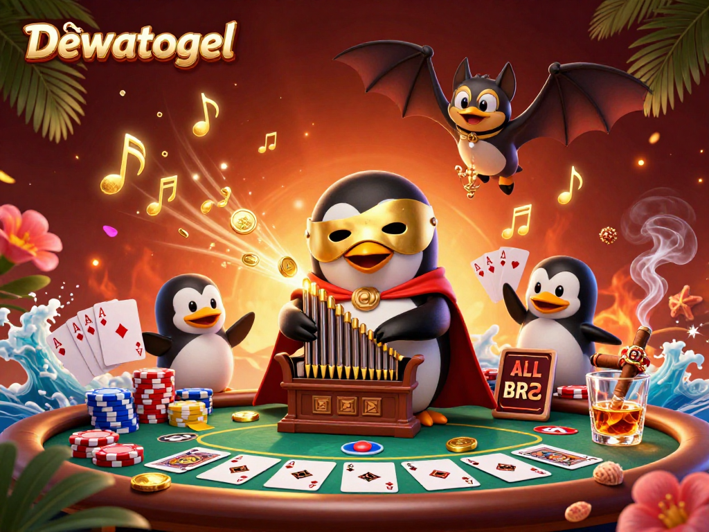 Dewatogel menghadirkan ilustrasi 3D unik dengan penguin opera bermain organ sambil mengeluarkan koin emas.