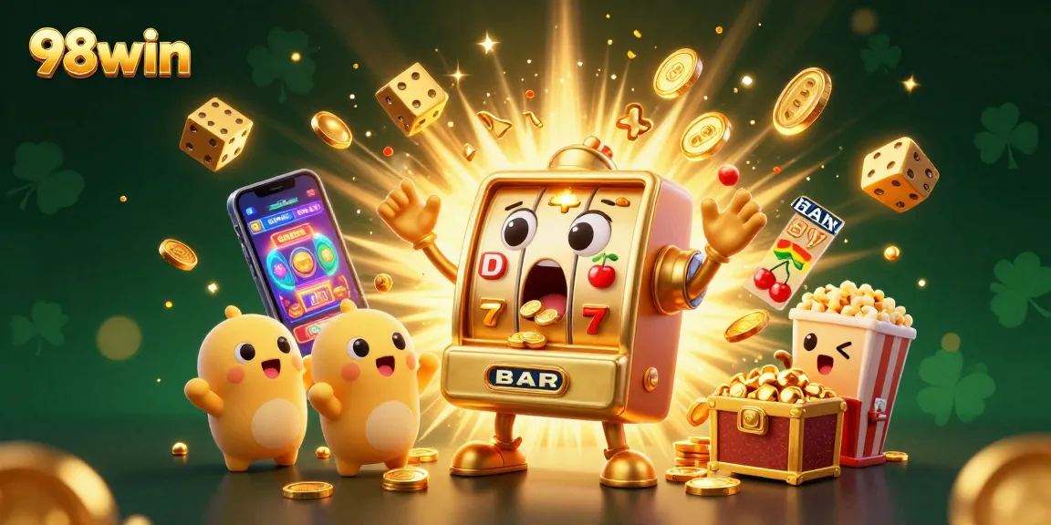 The golden slot machine hits the jackpot at 98win as coins explode, surrounded by cheerful characters and game symbols.