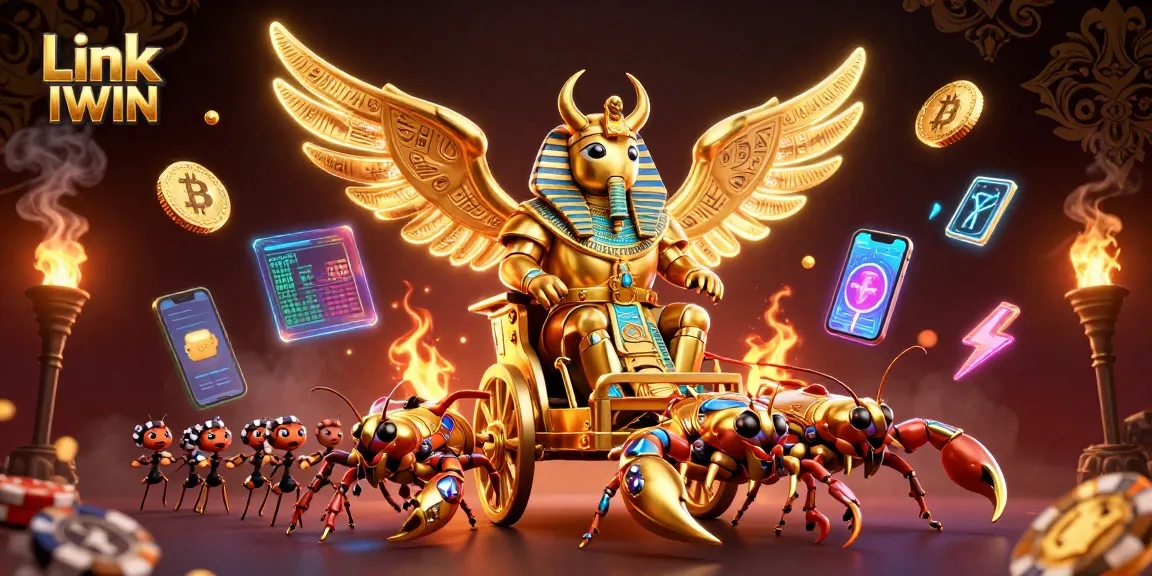 Engage with thrilling games at Link IWIN, featuring rich 3D illustration with iconic gambling symbols.