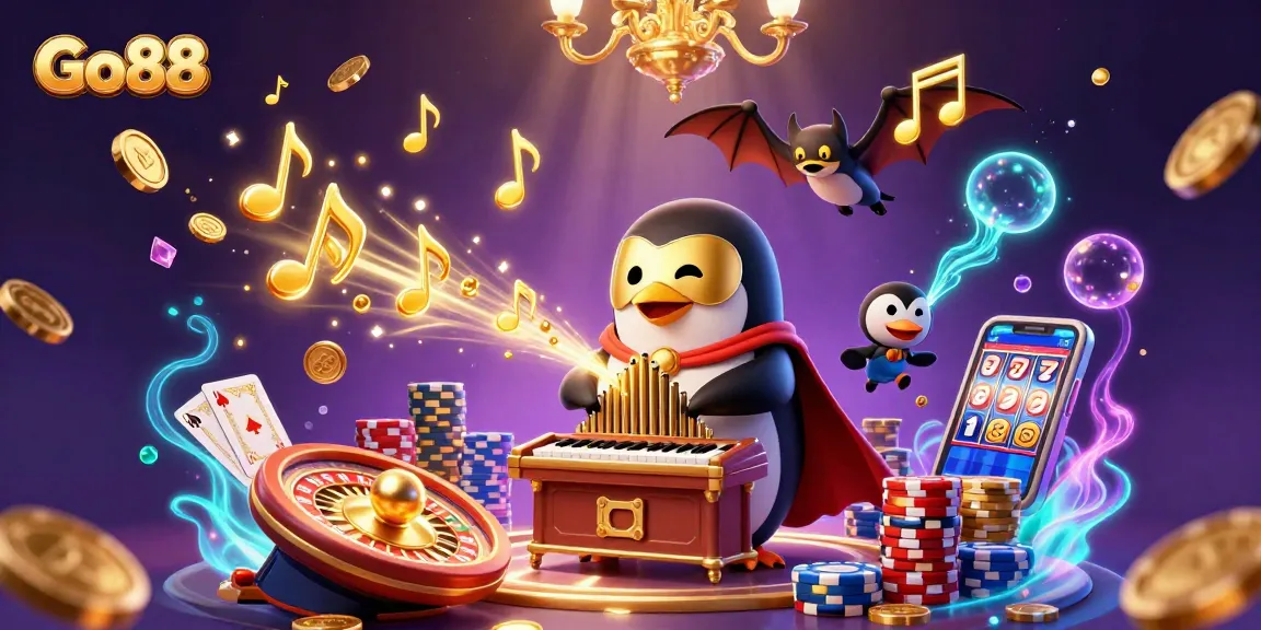 Go88 showcases a vibrant casino scene featuring a phantom penguin orchestrating golden coin gameplay.