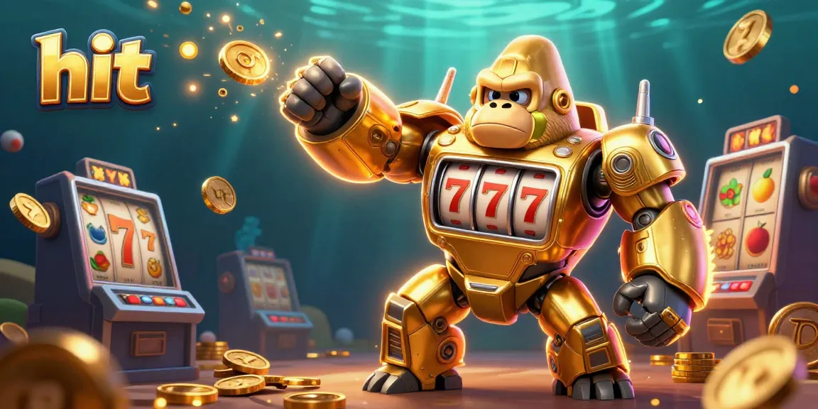 Hit the jackpot with a golden gorilla mech and colorful slot elements in a 3D casino scene