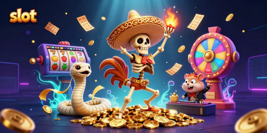 Engage in a thrilling slot adventure with vibrant characters celebrating jackpots and lucky 7s.