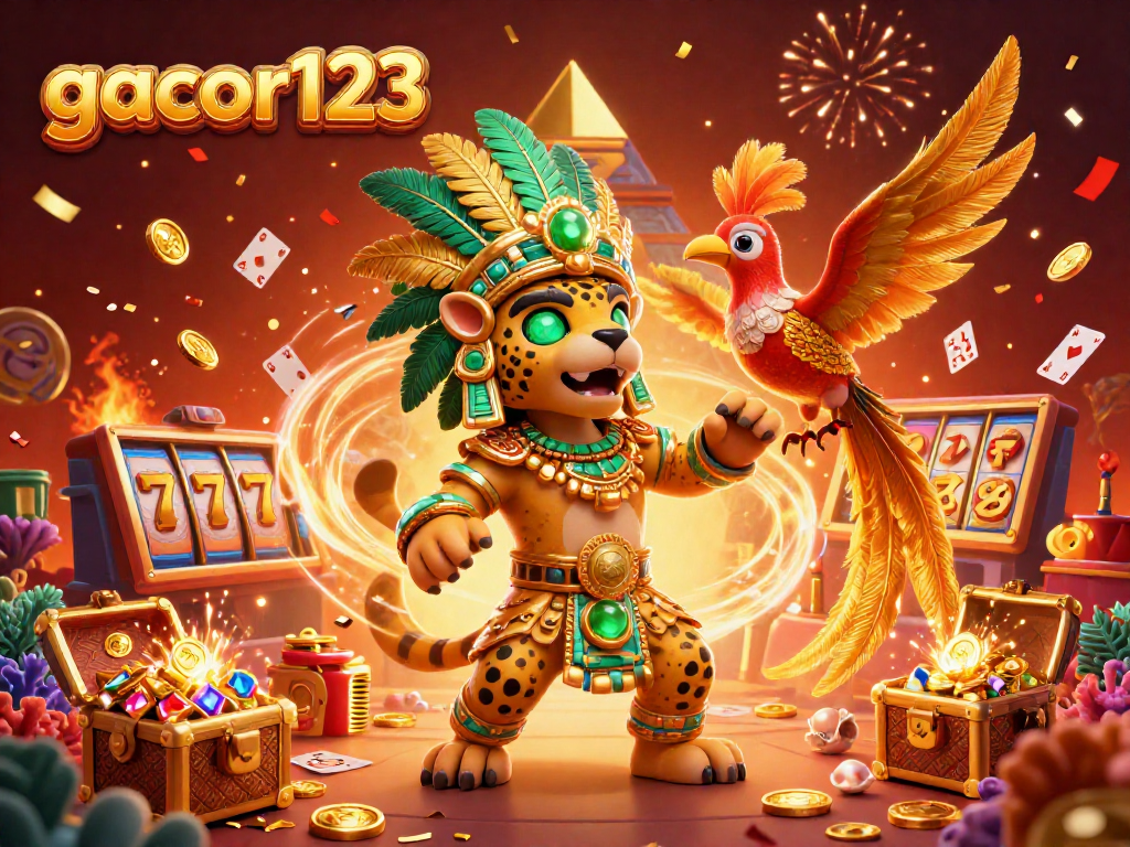 Experience the thrill of gacor123 with vibrant 3D casino scenes featuring captivating jaguar priest and slot elements.