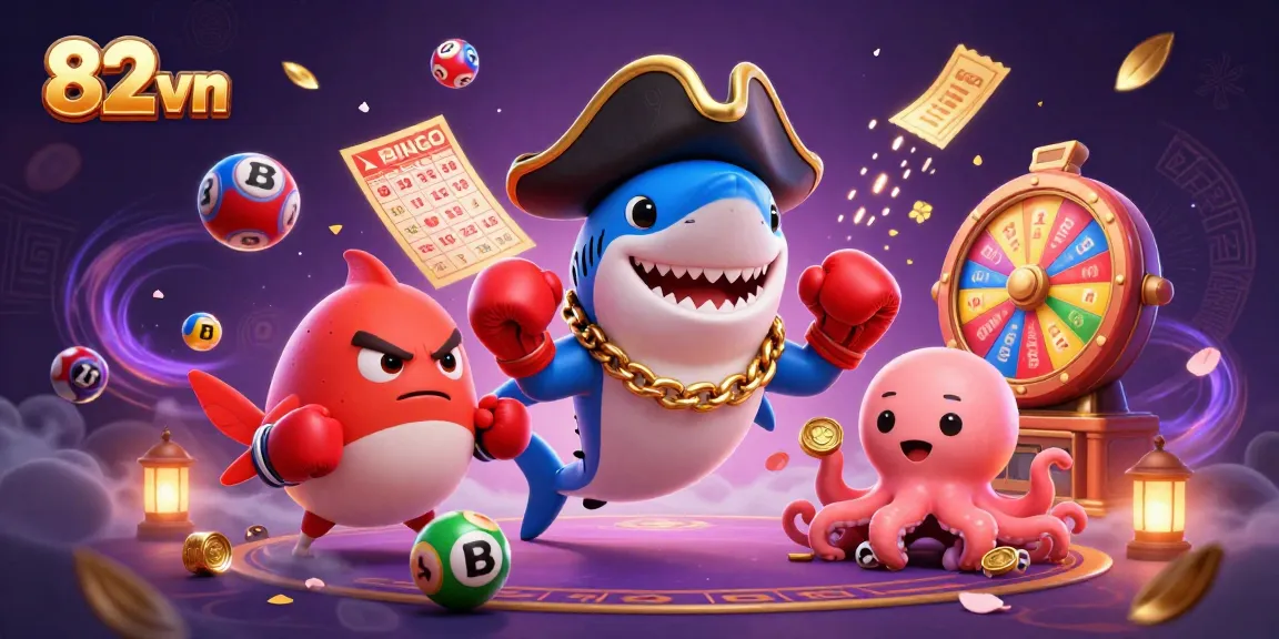 Join the excitement at 82 vn with colorful lottery elements and playful characters in this thrilling casino scene.