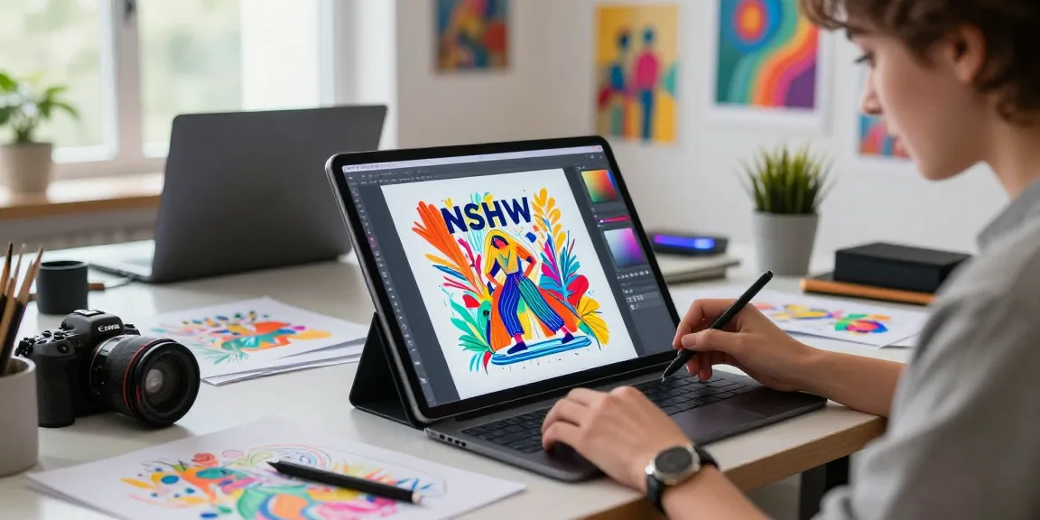 Artist creating vibrant NSFW AI art in a modern workspace filled with digital tools and inspiration.