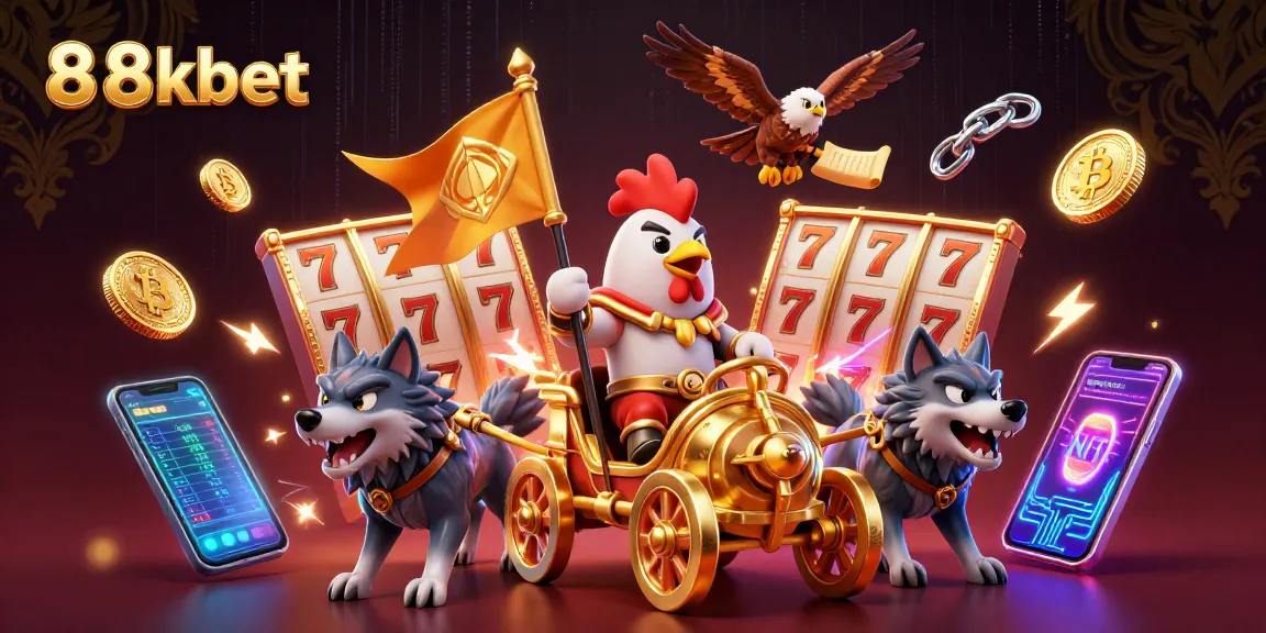 Experience the thrilling casino world of 88kbet with a vibrant 3D illustration featuring dynamic gaming action.