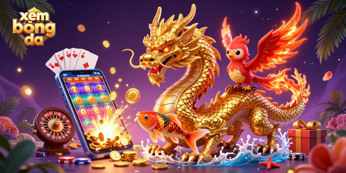 Watch xem bóng đá live action with stunning visuals of a dragon, phoenix, and koi amidst vibrant gaming elements.