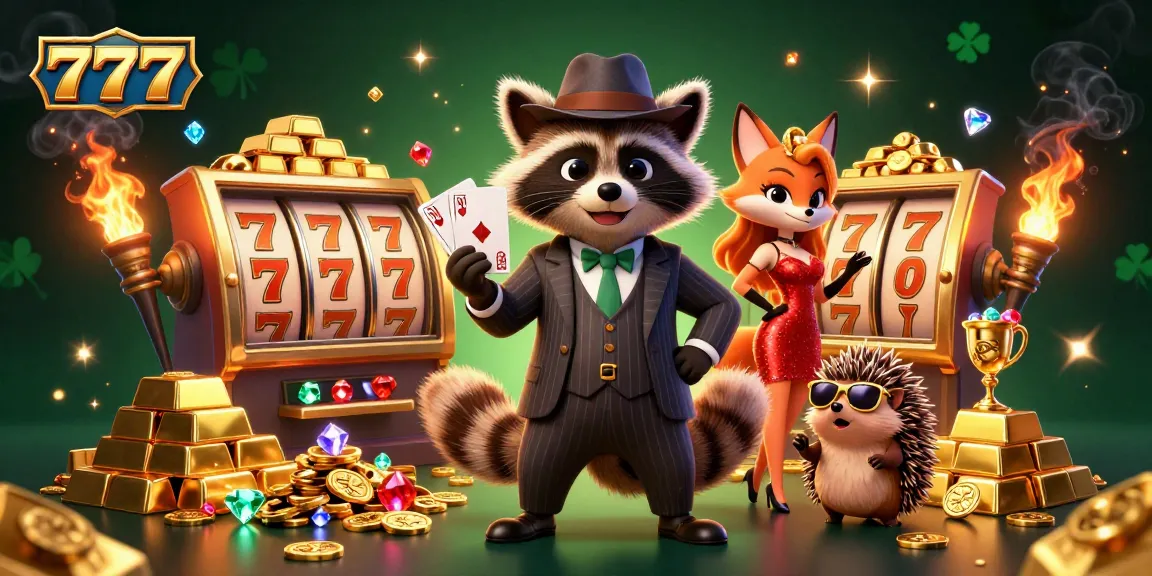 Engage with winning strategies at 777 casino with a vibrant illustrated scene of raccoon, fox, and hedgehog.
