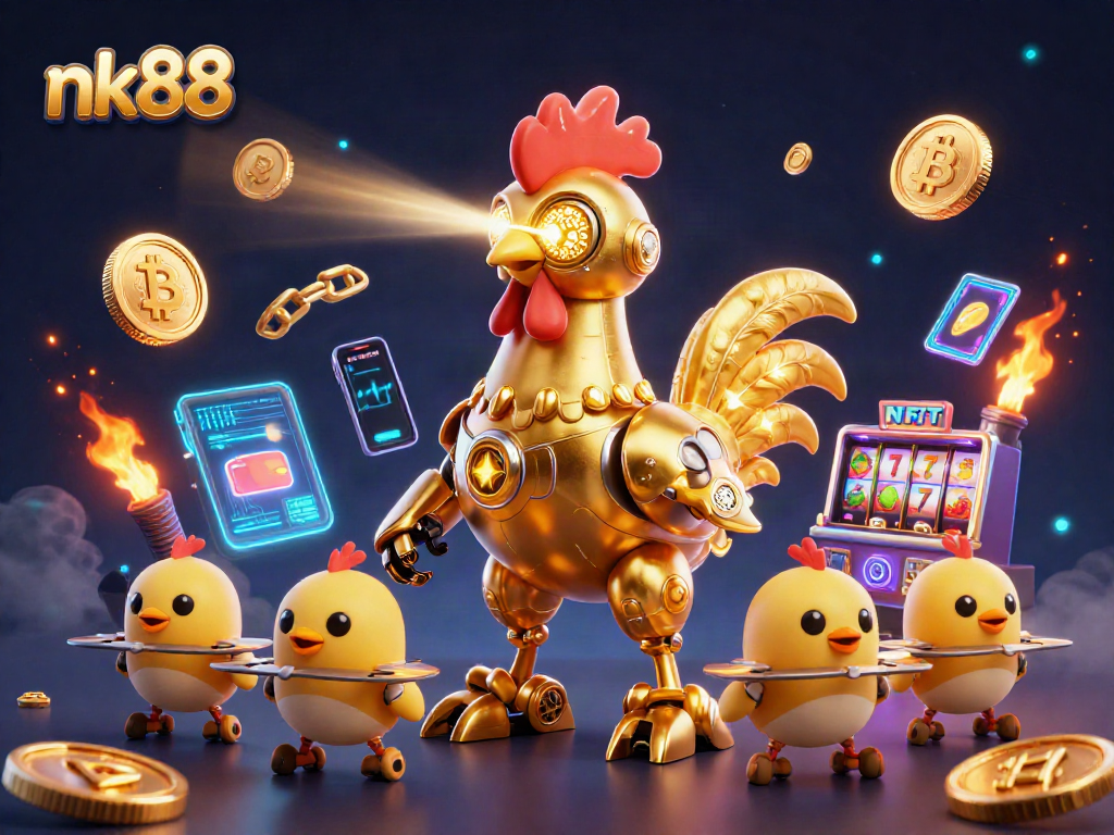 nk88: Exciting casino illustration featuring a dynamic golden rooster robot with crypto elements.