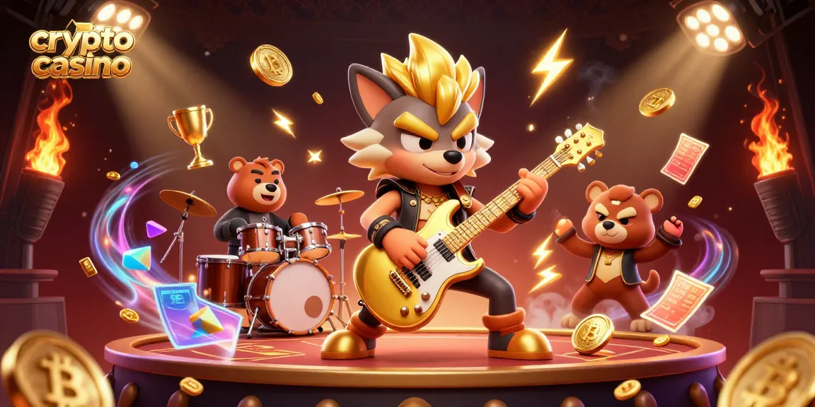 Engage with the vibrant cryptocurrency casino scene featuring a rock star wolf and wild drummer bear.