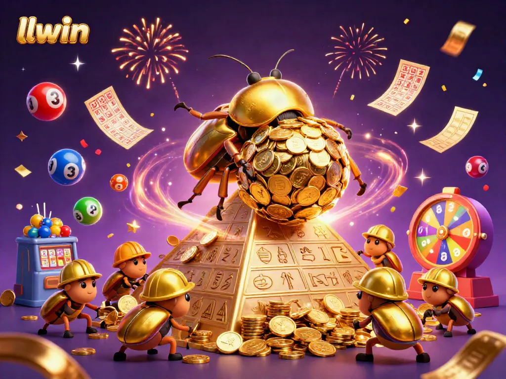 Immerse in llwin's dynamic gaming world with golden beetles, casino elements, and colorful celebrations.
