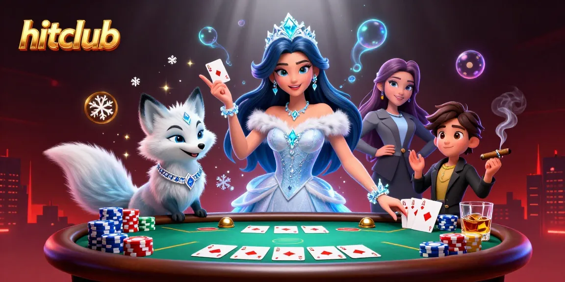 Play poker at Hitclub with a captivating winter-themed casino scene featuring an ice queen and her fox companion.