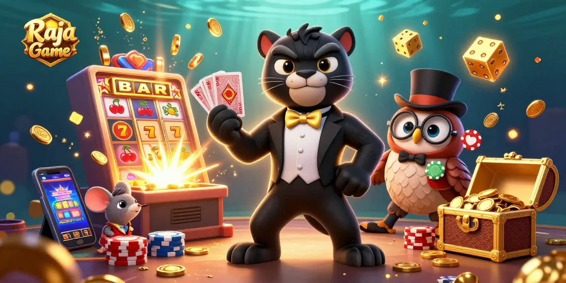 Engage with Raja Game's thrilling atmosphere featuring a stylish panther dealing cards amidst slot machines, chips, and vibrant effects.