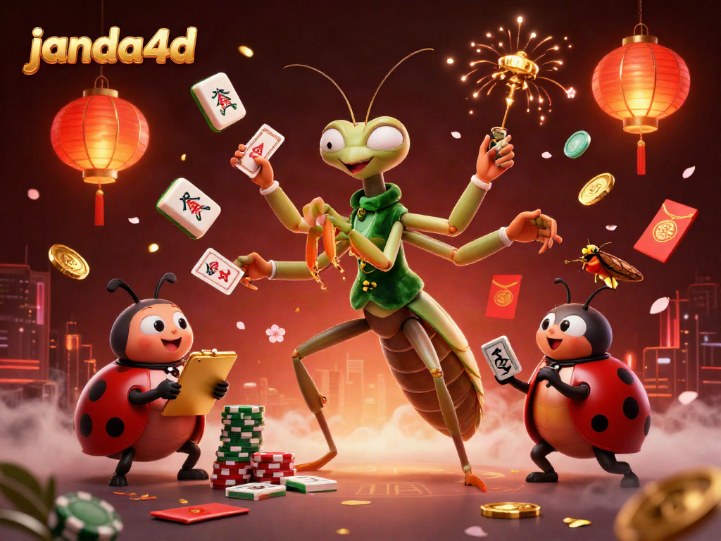 janda4d memberikan suasana meriah dengan karakter menarik dan elemen kasino dalam ilustrasi 3D.