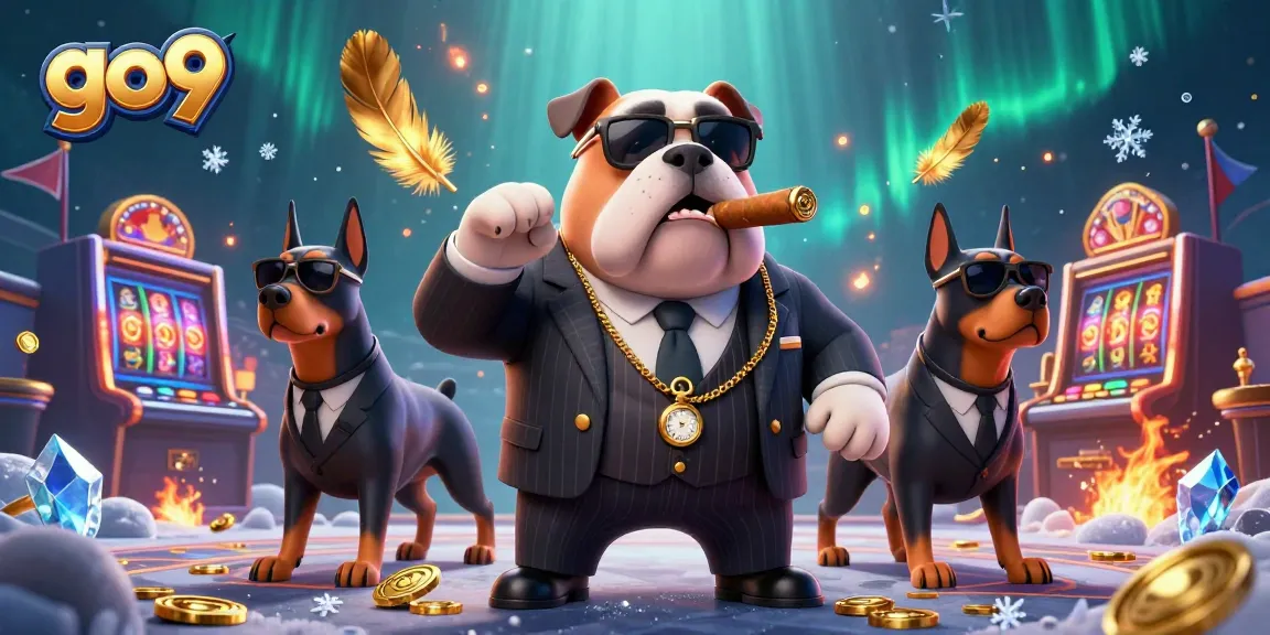 Engage in thrilling slots at go9 with the mafia boss bulldog and his bodyguard Dobermans, evoking excitement.