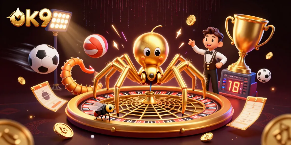 Bet big at ok9 with a fly nervously placing bets on a roulette wheel made of golden web.