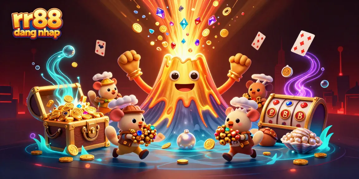 Experience exciting gaming with rr88 dang nhap featuring a golden volcano adorned with treasures and casino elements.