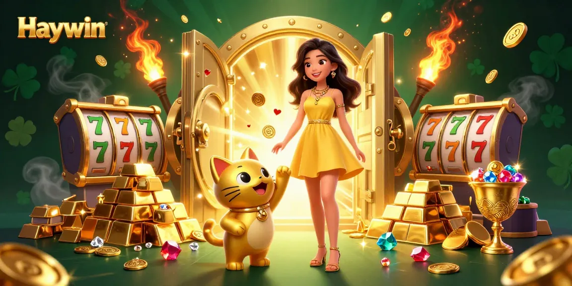 Experience the thrill of winning at Haywin Casino with vibrant slot reels and charming lucky cat.