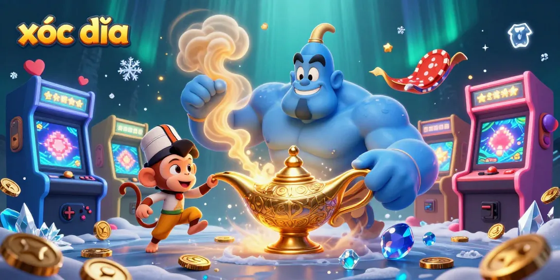 Play xóc đĩa with excitement in this vibrant 3D casino scene featuring a genie and monkey.
