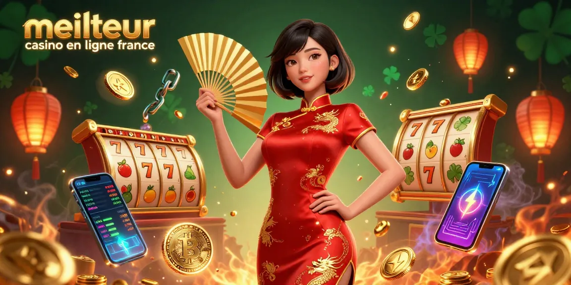 Découvrez l'excitation du meilleur casino en ligne en France avec des visuels vibrants de jeux de machines à sous et de pièces de néon.