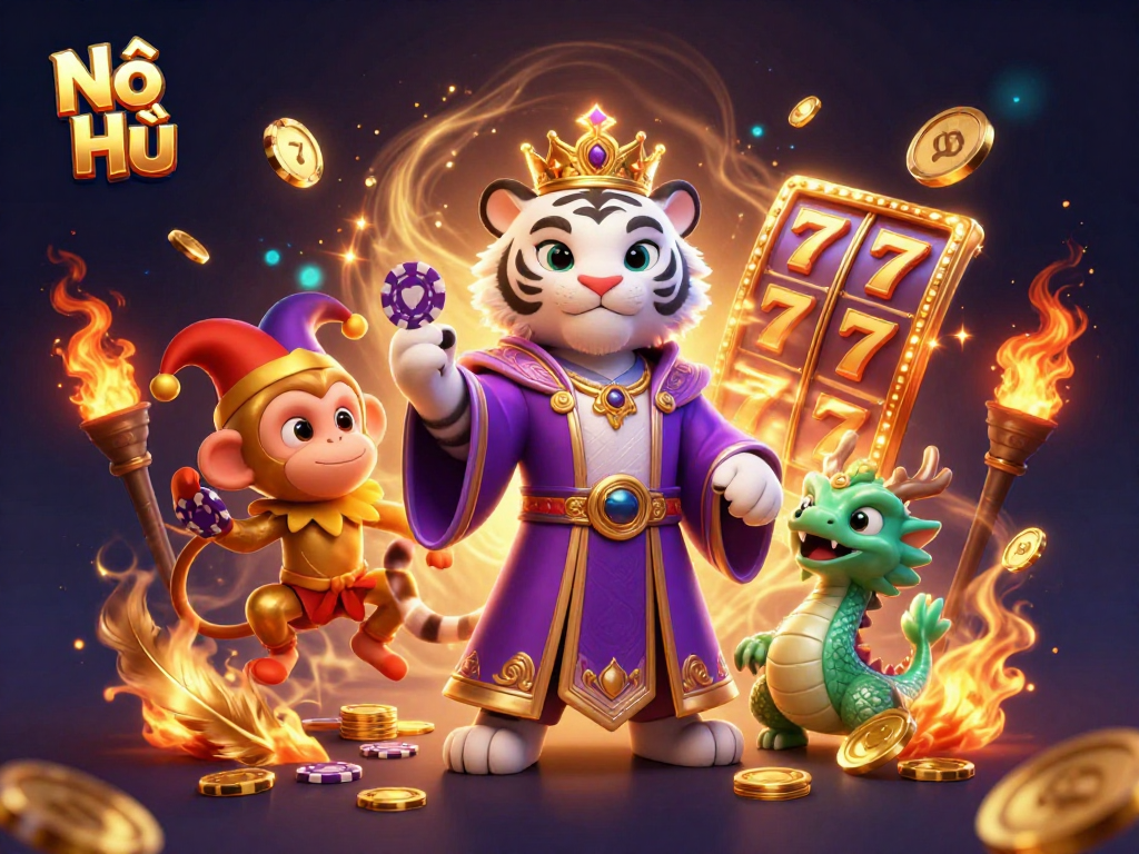 Nổ Hũ slots adventure with a cartoon tiger, monkey, and jade dragon creating excitement.
