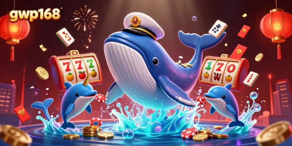GWP168 memimpin slot dalam tumpukan uang, dengan ikan paus kartun dan lumba-lumba berjoget di tengah keceriaan kasino.