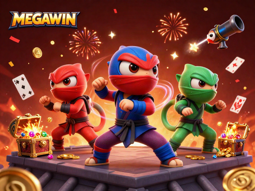 Experience MEGAWIN with ninja chameleons battling for gold coins in a vibrant casino scene.