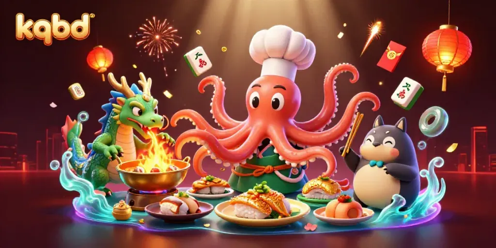 Engage with kqbd in an action-packed 3D scene featuring an octopus chef and a dragon