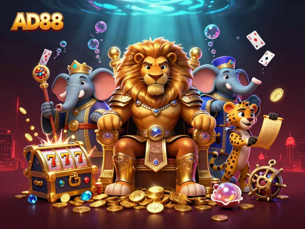 Engage in thrilling gameplay at AD88 with vibrant illustrations of casino elements and characters.