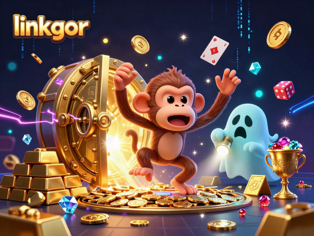 Engage with the link gacor playful scene showcasing a mischievous poltergeist monkey juggling golden treasures in a haunted casino.