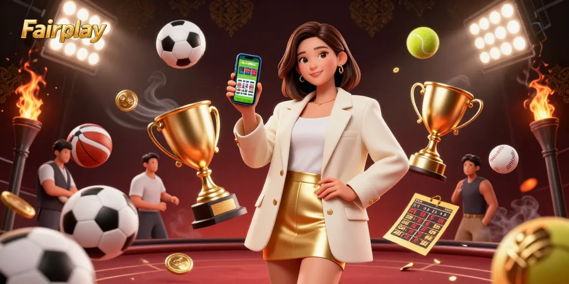 Fairplay sports betting app showcased by a cheerful Asian woman in a chic outfit amid dynamic casino elements.