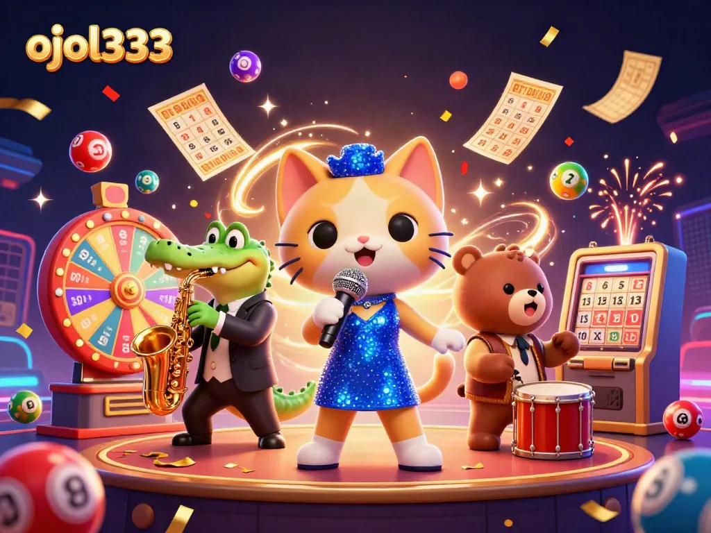Experience thrilling gaming with ojol333 as colorful lottery elements surround vibrant characters in a lively casino scene.