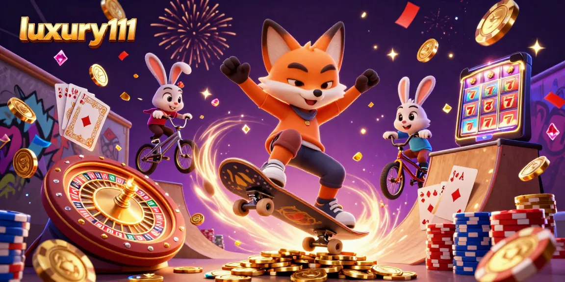 Experience lively gameplay with luxury111 as a fox and rabbit celebrate wins in a casino-themed 3D illustration.