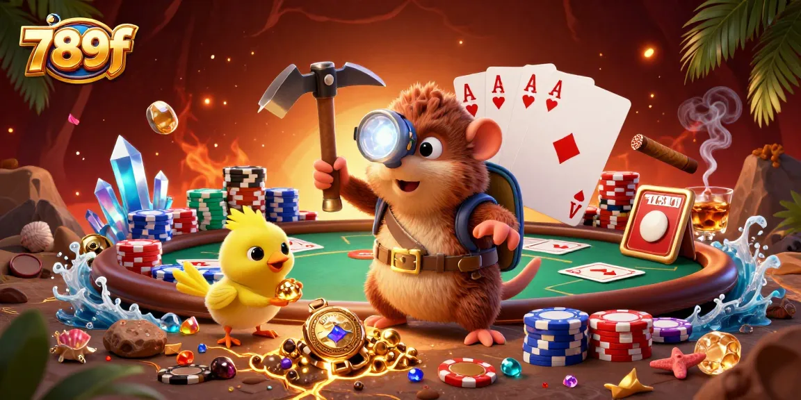 Engaging 789f scene of a treasure hunter mole and canary exploring an intricate cave of riches with poker elements.
