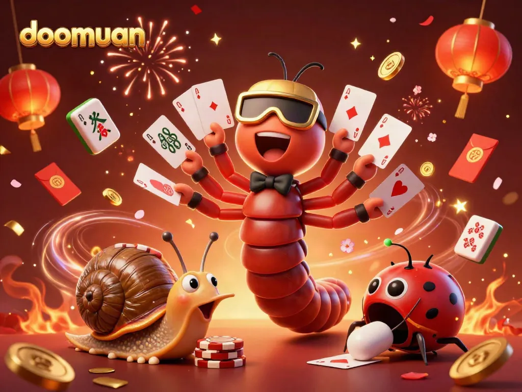 Dive into doomuan's thrilling gaming scene featuring a cartoon dealer and lucky high-roller with vibrant elements